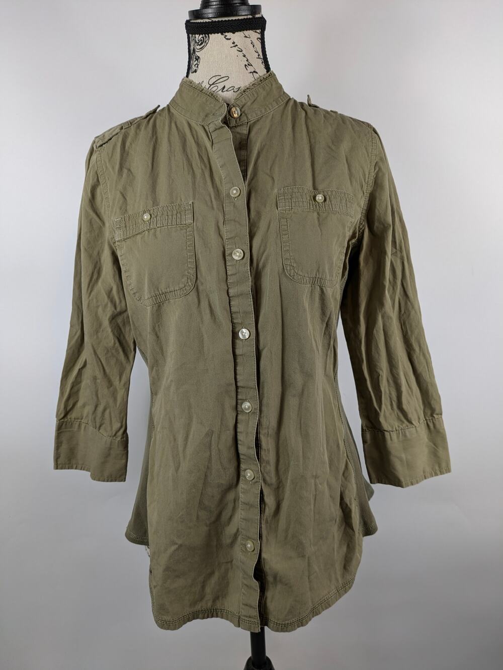 Converse Womens Medium Blouse Button Up 3/4 Sleeve Army Olive Green One Star Top